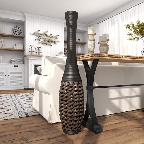 Deco 79 Faux Seagrass Decorative Vase Tall Woven Floor Centerpiece Vase with Dark Brown Wrapped Neck, Vase for Home Decoration 12" x 12" x 48", Brown