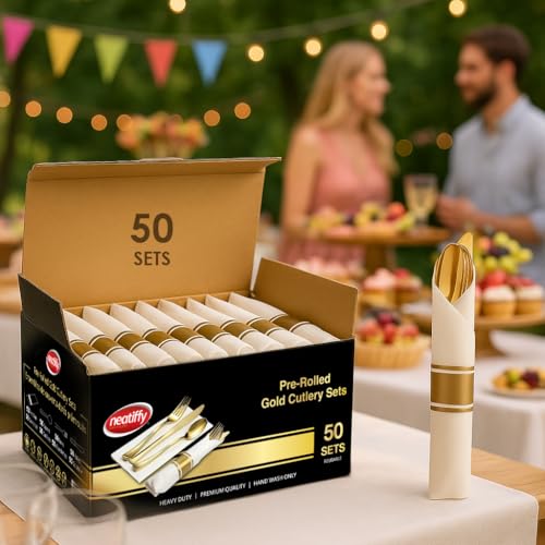 Neatiffy 50 Pack Gold Plastic Silverware Set, Pre Rolled Napkin and Cutlery Set with 50 Forks, 50 Knives, 50 Spoons, 50 Napkins, Utensils, Silverware for Parties, Weddings and Birthdays - color: Gold Napkin Cutlery