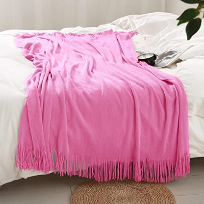 Homiest Hot Pink Knitted Throw Blanket with Fringe, 50x60 Inch - color: Hot Pink, size: 50" x 60"