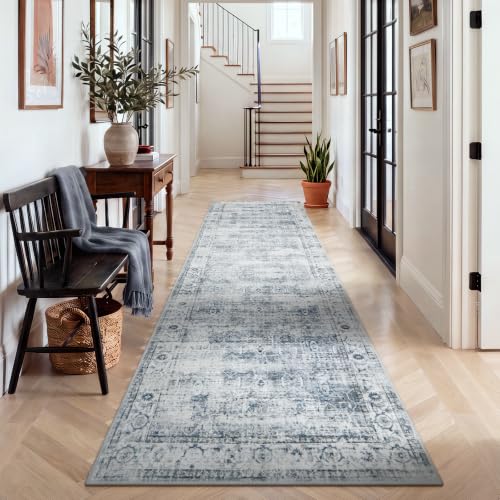 Morebes Vintage 2x10 Runner Rug for Hallway Non Slip,Washable Long Kitchen Rugs Runners,Soft Distressed Non-Shedding Carpet Runner Rug for Entryway Indoor Foyer Playroom,Blue-Gray - color: Grey-blue/Multi, size: 2.5' x 10' (Runner)