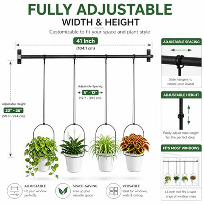Adjustable Hanging Window Planter with 4 Pots, Space Saving Indoor Herb Garden Plant Hanger, Metal Vertical Plant Rack for Kitchen, Balcony & Home Deco41in-4 Flower pots - size: 41in-4 flower pots