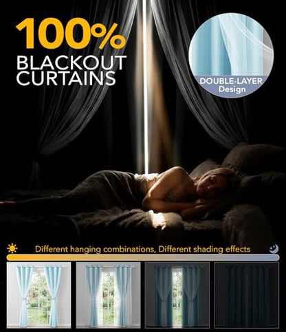 100% Blackout Curtains with Sheer Overlay, Blue, 52 x 63 inch, 2 Panels - color: Light Blue, size: 52"W x 63"L (Pack of 2)