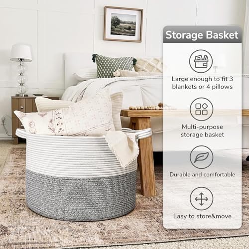 Goodpick Woven Blanket Basket Living Room, Toy Bin for Playroom, 85L - color: Light Grey, size: 21.7x21.7x13.8 Inch (Pack of 1)