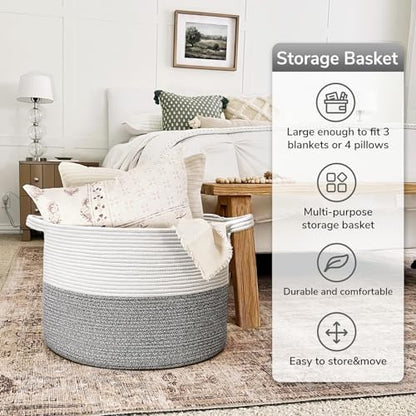 Goodpick Woven Blanket Basket Living Room, Toy Bin for Playroom, 85L - color: Light Grey, size: 21.7x21.7x13.8 Inch (Pack of 1)