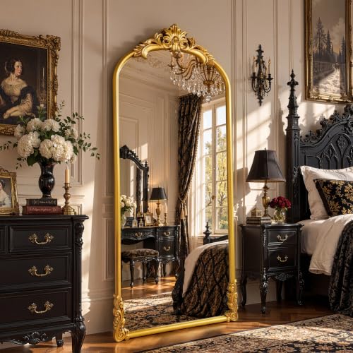 Vintage Arched Floor Mirror 28"x 69" with Stand Matte Gold - color: Antique Gold, size: 69"L x 28"W