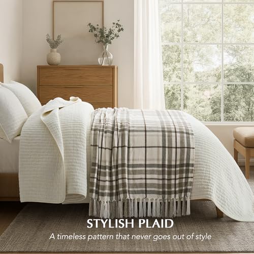 EverGrace Plaid Chenille Knit Throw Blanket for Couch, 60"x80", Beige - color: Plaid Beige & White, size: 60"x80"
