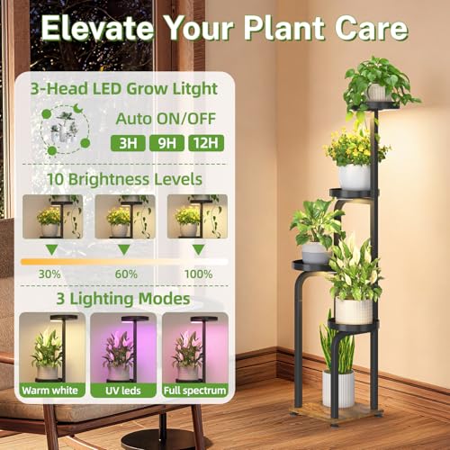 iDavosic.ly Tall Plant Stand Indoor with Grow Lights & Metal Trays, Brown - color: Black with Light