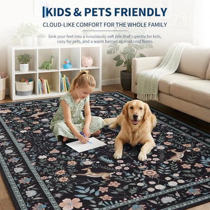 Garvee Floral 5x7 Area Rugs Washable Living Room Rug Entryway Rug Black - color: Black, size: 5' x 7' (Rectangular)