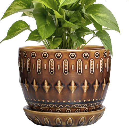 G EPGardening 5.5 Inch Plant Pot - Ceramic Planter for Indoor Outdoor Plants, Boho Round Indoor Flower Pot with Drainage Hole and Saucer, Housewarming Gifts, Garden Home Room Decor, Brown - color: Columnar Brown
