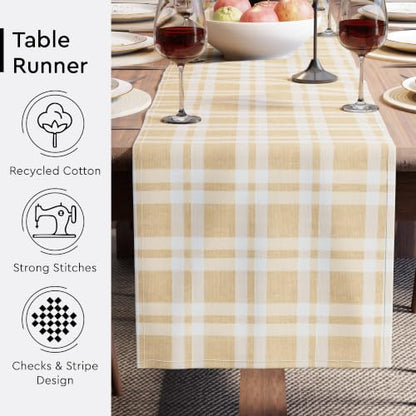 Encasa XO Table Runner, Woven Cotton Dining Linens 13"x59" Beige - color: Franca Beige Checks, size: 13x59 in