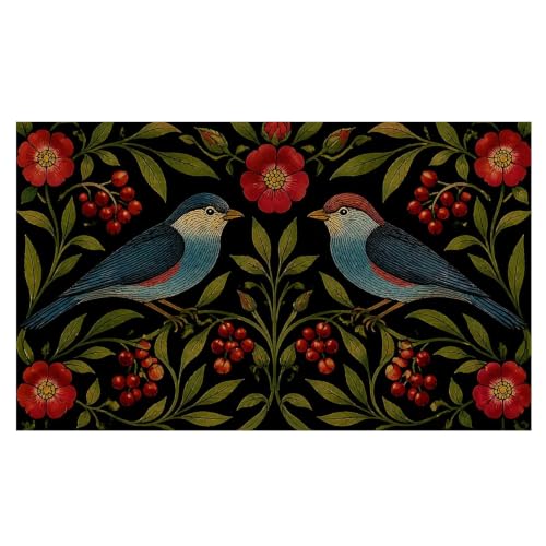 Vintage Floral Bird Welcome Door Mat, Boho Blue Birds Red Floral Flowers Botanical Decorative Artificial Coco Coir Doormat for Indoor Outdoor Porch Front Door Entrance Outside, 17x30 in - color: Red Floral