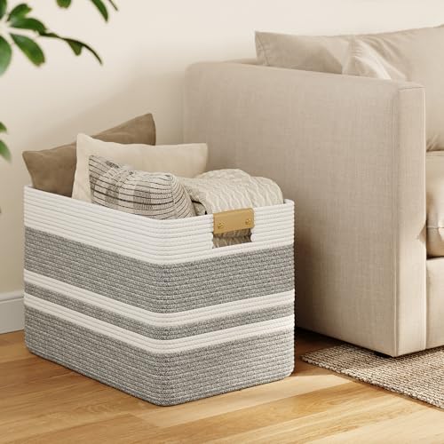 Nunsino 96L Blanket Basket with Leather Handles,Laundry Basket,Gray White - color: Grey White, size: 96L