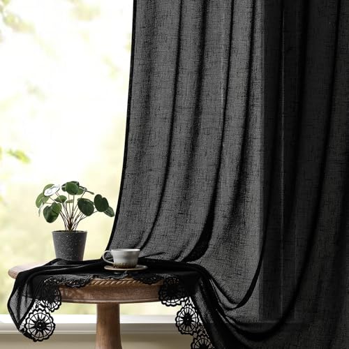 Gibelle Black Boho Farmhouse Living Room Curtains 63 Inch Length, Modern Country Window Curtain for Bedroom, Linen Bohemian Rustic Draperies - color: Black, size: 56"W x 63"L (Pack of 1)