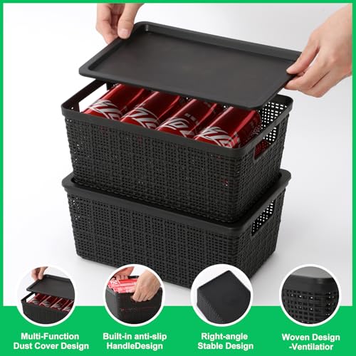 6 Pack Plastic Storage Baskets with Lid,Black Stackable Bins - color: Black