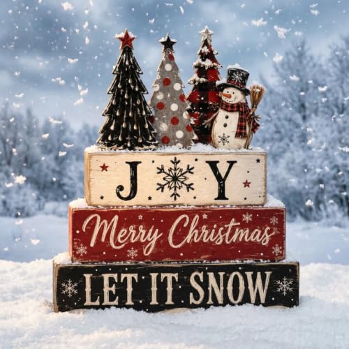 Amyhill 4 Pcs Christmas Vintage Tiered Tray Wooden Table Sign Decor - style: Snowman