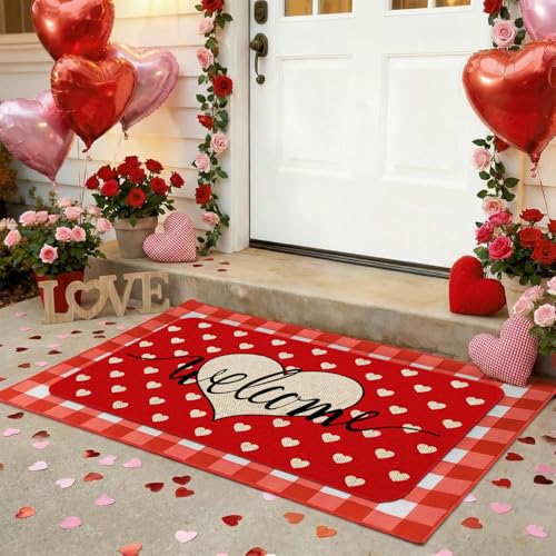 Maytycroco Valentines Heart Welcome Door Mat 30x17 Inch for Home Decor - color: Valentines-01
