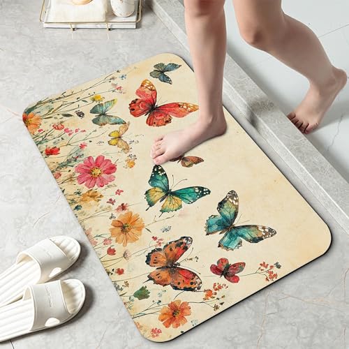 Retro Butterfly Flowers Bathroom Rug 29.5"x17", Super Absorbent Fast Drying Bath Mat with Non-Slip Rubber Backing, Thin Low-Profile Easy-Clean Bathroom Floor Mat for Shower or Tub - color: Retro Butterfly Flowers