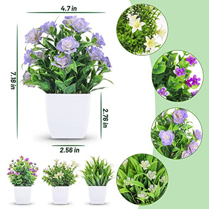 Der Rose 4 Pack Small Fake Plants with Flowers, Spring Home Bathroom Decor - color: White