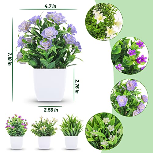 Der Rose 4 Pack Small Fake Plants with Flowers, Spring Home Bathroom Decor - color: White