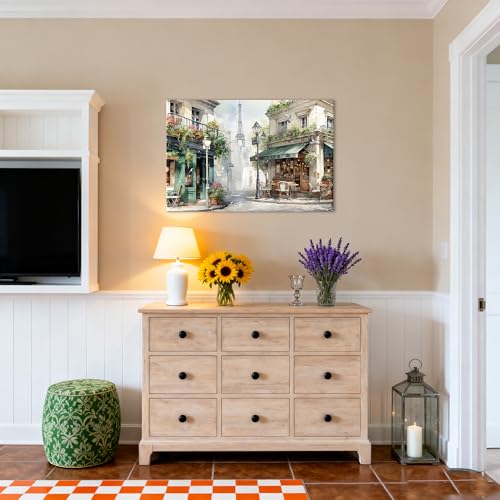 Framed Green Cafe Canvas Wall Art, 24"x16" European Street Scene - color: Green 01, size: 24"L x 16"W