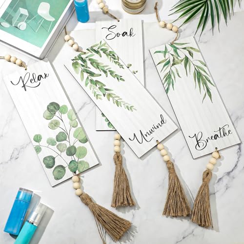 Qunclay 4 Pcs Boho Bathroom Wall Decor Relax Soak Unwind,Green,Plant - color: Green