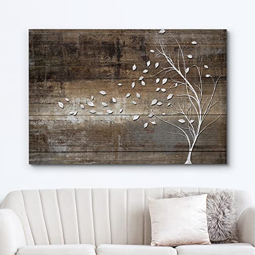 wall26 Canvas Print Wall Art White Tree Silhouette with Blowing Leaves on Vintage Wood Panels Nature Wilderness Illustrations Modern Art Rustic Relax/Calm for Living Room, Bedroom, Office - 12"x18" - color: Abstract Tree Artwork - 01, size: 18"L x 12"W