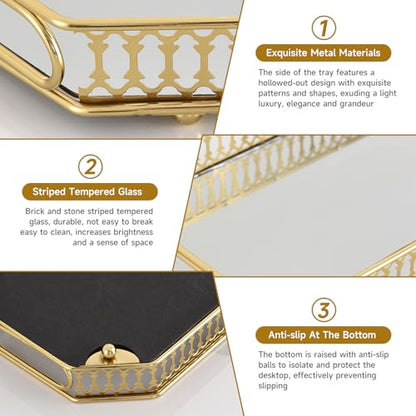 Mirrored Perfume & Makeup Vanity Tray - Hollow-Out Jewelry Storage, Gold Metal & Glass Trinket Organizer for Dresser & Bathroom Countertop, 11.3" Small Size - size: 11.3" x 7" x 2"
