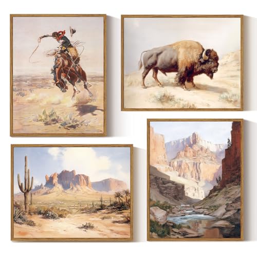 InSimSea 4 pcs Framed Canvas Art, Vintage Rustic Western Cowboy Art Prints, Southwest Landscape Bison Wall Pictures Decor for Living Room Bedroom Hallway, 11x14in,set of 4, Neutral Maximalist Decor - color: Rustic Western