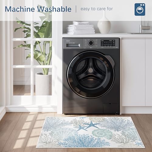 Coastal Bathroom Mat 20x32in Blue Seashel Beach Ocean Soft Thin Bathroom Rugs Fit Under Door Absorbent Non Slip Washable Bath Rugs for Bathtub Shower Sink (Blue, 20x32in) - color: Blue