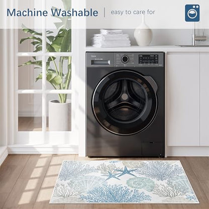 Coastal Bathroom Mat 20x32in Blue Seashel Beach Ocean Soft Thin Bathroom Rugs Fit Under Door Absorbent Non Slip Washable Bath Rugs for Bathtub Shower Sink (Blue, 20x32in) - color: Blue