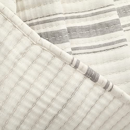 Lush Decor Farmhouse Stripe Kantha Pick Stich Yarn Dyed Cotton Woven Throw Reversible Ticking Pinstripe Design Blanket, 50" x 60", Gray - color: Gray