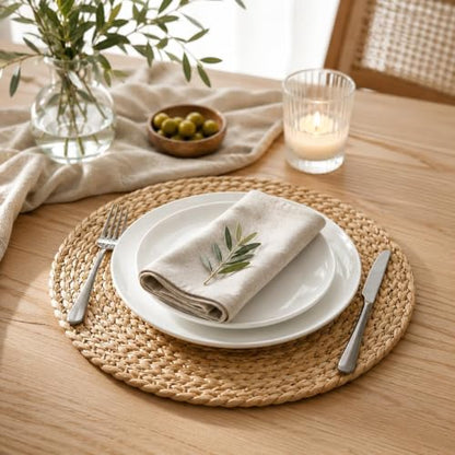 Set of 12 Round Woven Placemats, 13 Inch Rattan Chargers for Dinner Plates, Wicker Placemats, Boho Farmhouse Rustic Braided Jute Table Mats for Kitchen Dining Party Decor