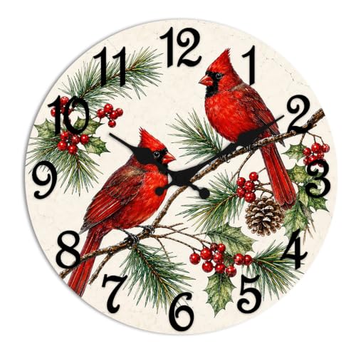 ArtSocket Round Wall Clock Silent Non-Ticking 12", Cardinal Christmas - color: Christmas Cardinal