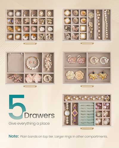 SONGMICS 5-Layer Jewelry Box with Glass Window, 5 Drawers, Golden Handles - color: Cream White, size: 5-Tier