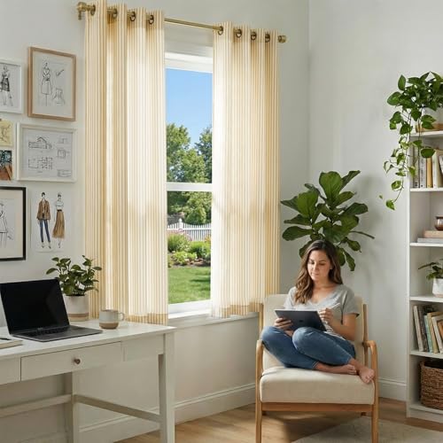 Vangao Linen Striped Curtains for Living Room Bedroom Farmhouse - color: Boxter Striped| Mustard on Off White, size: 50"W x 63"L (Pack of 2)