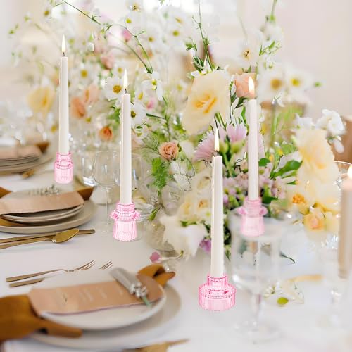 Glass Candlestick Holders, Taper Candle Holders, Set of 3, Pink - color: Pink, size: 3 PCS