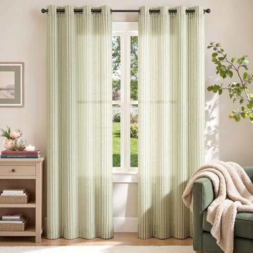 jinchan Linen Curtains 84 Inch Sage Green Stripe on Linen Grommet 2 Panels - color: Sage Green on Linen, size: 50"W x 84"L (Pack of 2)