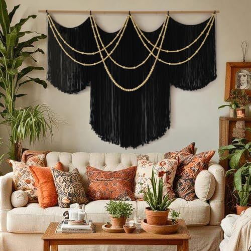 Macrame Wall Hanging Black Yarn Tapestry Boho Fiber Art Decor 57"W*43"L - color: Black1