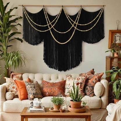 Macrame Wall Hanging Black Yarn Tapestry Boho Fiber Art Decor 57"W*43"L - color: Black1
