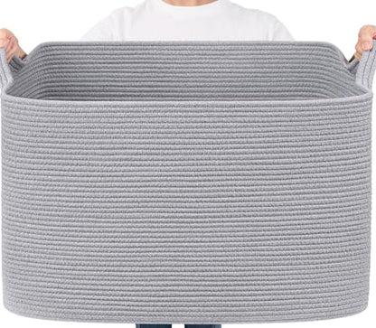 Goodpick 105L Extra Large Woven Rope Blanket Basket, Rectangle, Gray - color: Grey, size: XX-Large(25"L x 16"W x 16"H)