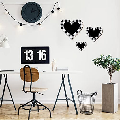 Jetec 3 Pcs Wood Heart Wall Decor Farmhouse Plaque, Black Heart Plaid - style: Rustic