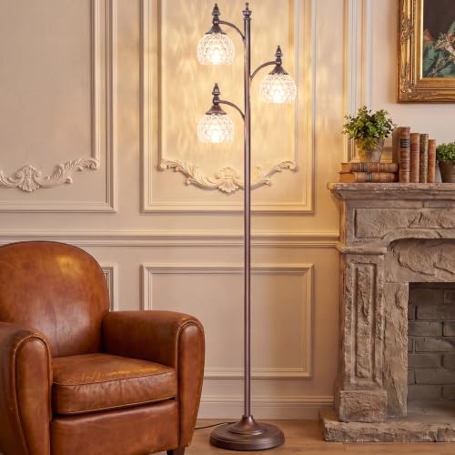 JUNNAI Brown Floor Lamps for Living Room 66.5in Vintage Standing Lamp with Glass Shade 3 Way Brightness Lights Mid Century Modern Pole Lights Corner Lamp for Bedroom Office(Bulbs Included) - color: Brown-3