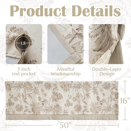 jinchan Floral Valance Curtain Linen 16 Inch Farmhouse 1 Panel Taupe - color: Jacobean | Taupe, size: 50"W x 16"L (Pack of 1)