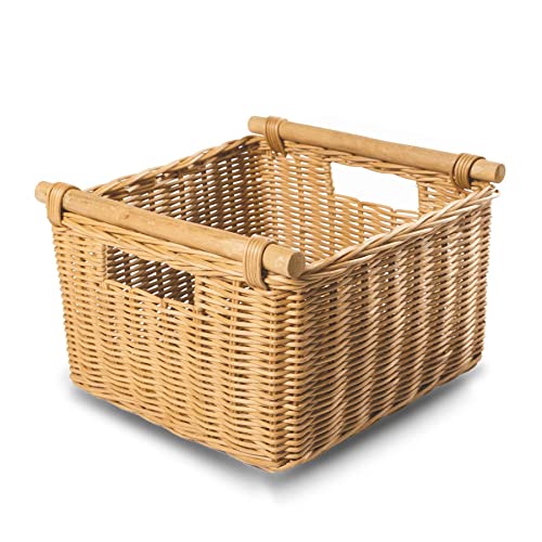 The Basket Lady Deep Pole Handle Wicker Storage Basket, M, Sandstone - color: Sandstone, size: Medium
