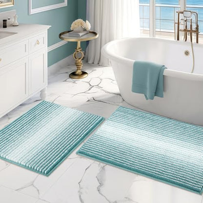 BSICPRO Bathroom Rugs Sets 2 Piece, Non Slip Striped Bath Mats, Aqua Green - color: Aqua Green, size: 20" x 32" Plus 16" x 24"