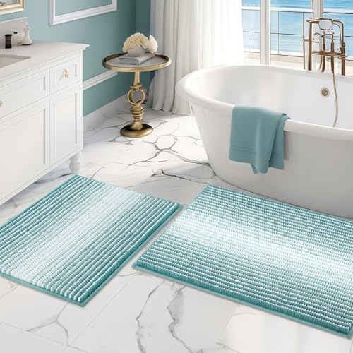 BSICPRO Bathroom Rugs Sets 2 Piece, Non Slip Striped Bath Mats, Aqua Green - color: Aqua Green, size: 20" x 32" Plus 16" x 24"