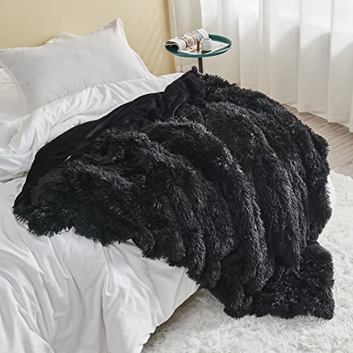 GONAAP Fuzzy Faux Fur Throw Blanket for Couch, Black, 50"x60" - color: Black, size: Throw(50"x60")