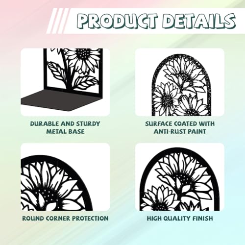 Peacoblue 5.3"x4.3"x7.9" Metal Bookends, Heavy Duty Book Ends for Shelves - style: Sunflowers