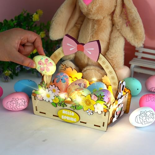 나무 부활절 달걀 바구니 - DIY - 부활절 달걀을 위한 조립 가능한 장식 용기, LED 요정 조명이 있는 농가 부활절 장식, 스프링 테이블 장식 및 가정용 (부활절 달걀 미포함)