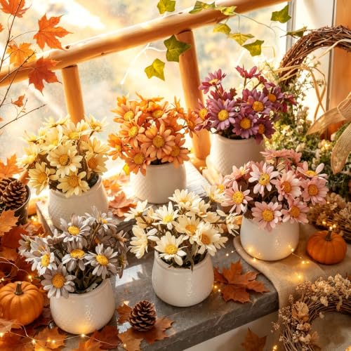 6PCS Artificial Daisy Fall Flower Arrangements with Large Ceramic Pots - color: Fall Multicolor-sunflower